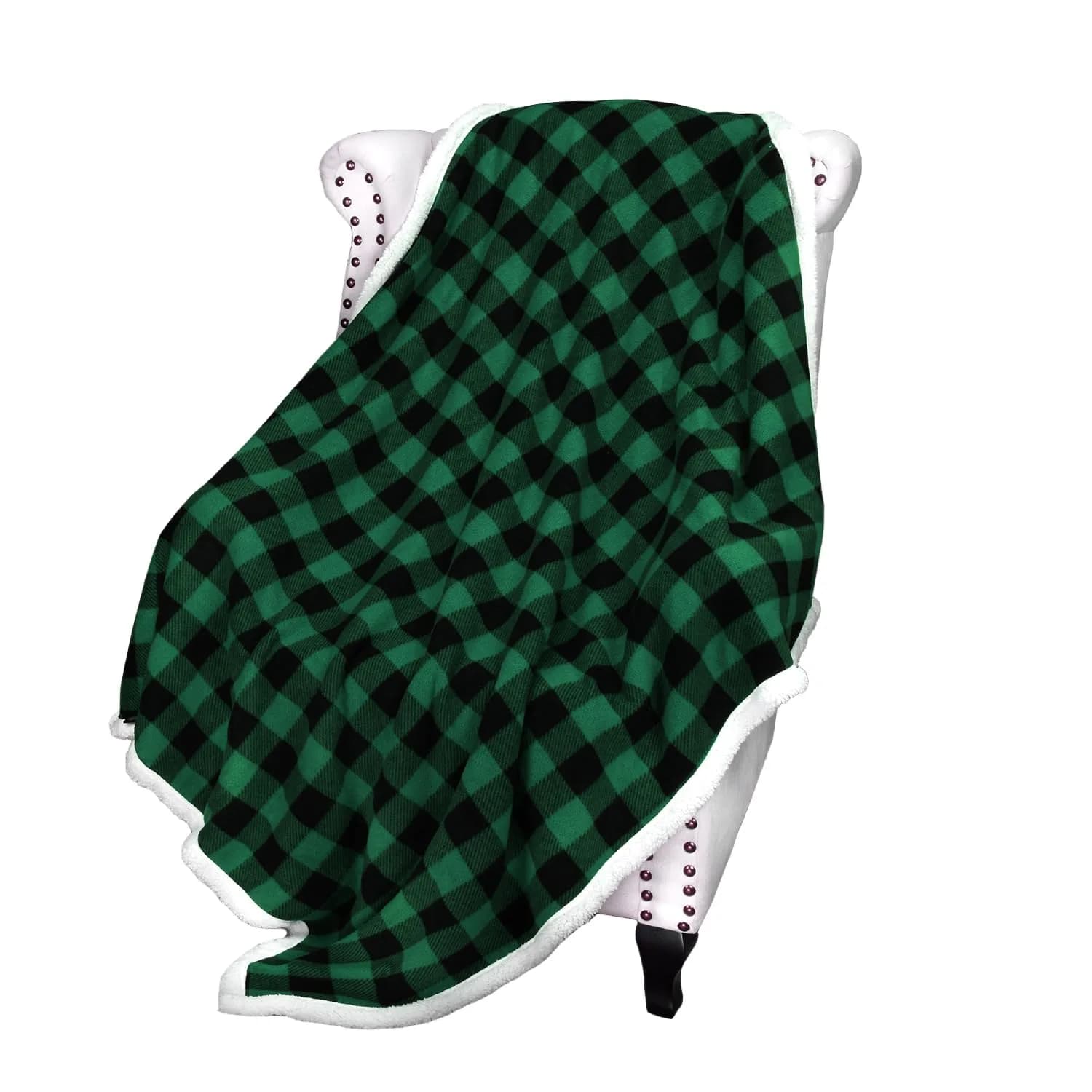 Catalonia Buffalo Plaid Green Sherpa Throw Blanket | Reversible Fuzzy Cozy 50x60 inches