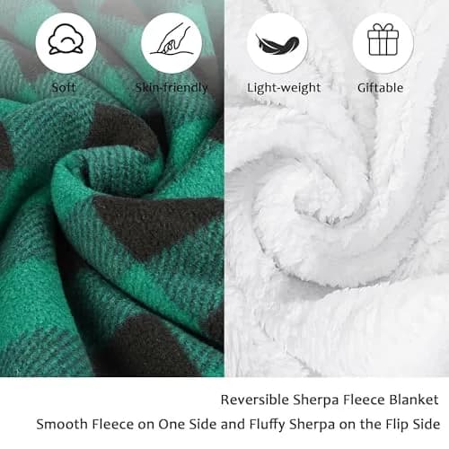 Catalonia Buffalo Plaid Green Sherpa Throw Blanket | Reversible Fuzzy Cozy 50x60 inches thumbnail 5