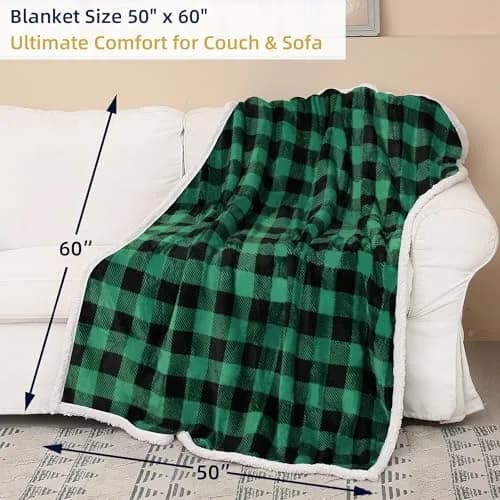 Catalonia Buffalo Plaid Green Sherpa Throw Blanket | Reversible Fuzzy Cozy 50x60 inches thumbnail 6