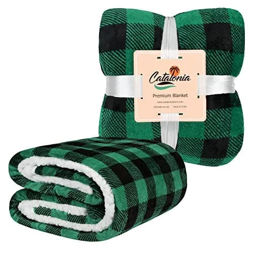 Catalonia Buffalo Plaid Green Sherpa Throw Blanket | Reversible Fuzzy Cozy 50x60 inches thumbnail 7