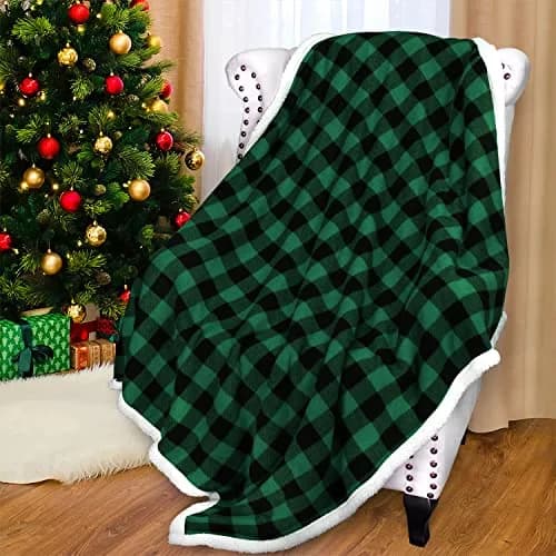 Catalonia Buffalo Plaid Green Sherpa Throw Blanket | Reversible Fuzzy Cozy 50x60 inches thumbnail 8