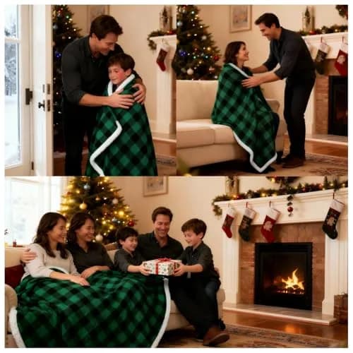 Catalonia Buffalo Plaid Green Sherpa Throw Blanket | Reversible Fuzzy Cozy 50x60 inches thumbnail 2