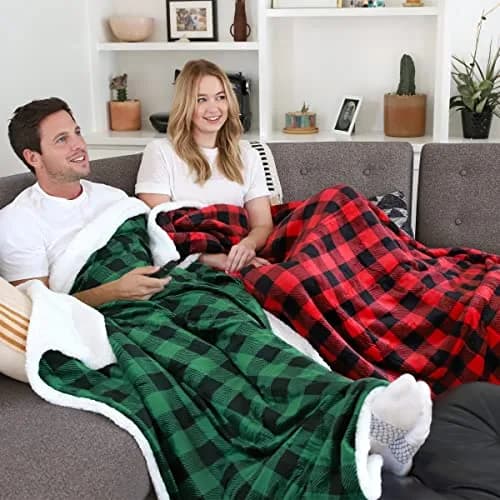 Catalonia Buffalo Plaid Green Sherpa Throw Blanket | Reversible Fuzzy Cozy 50x60 inches thumbnail 3
