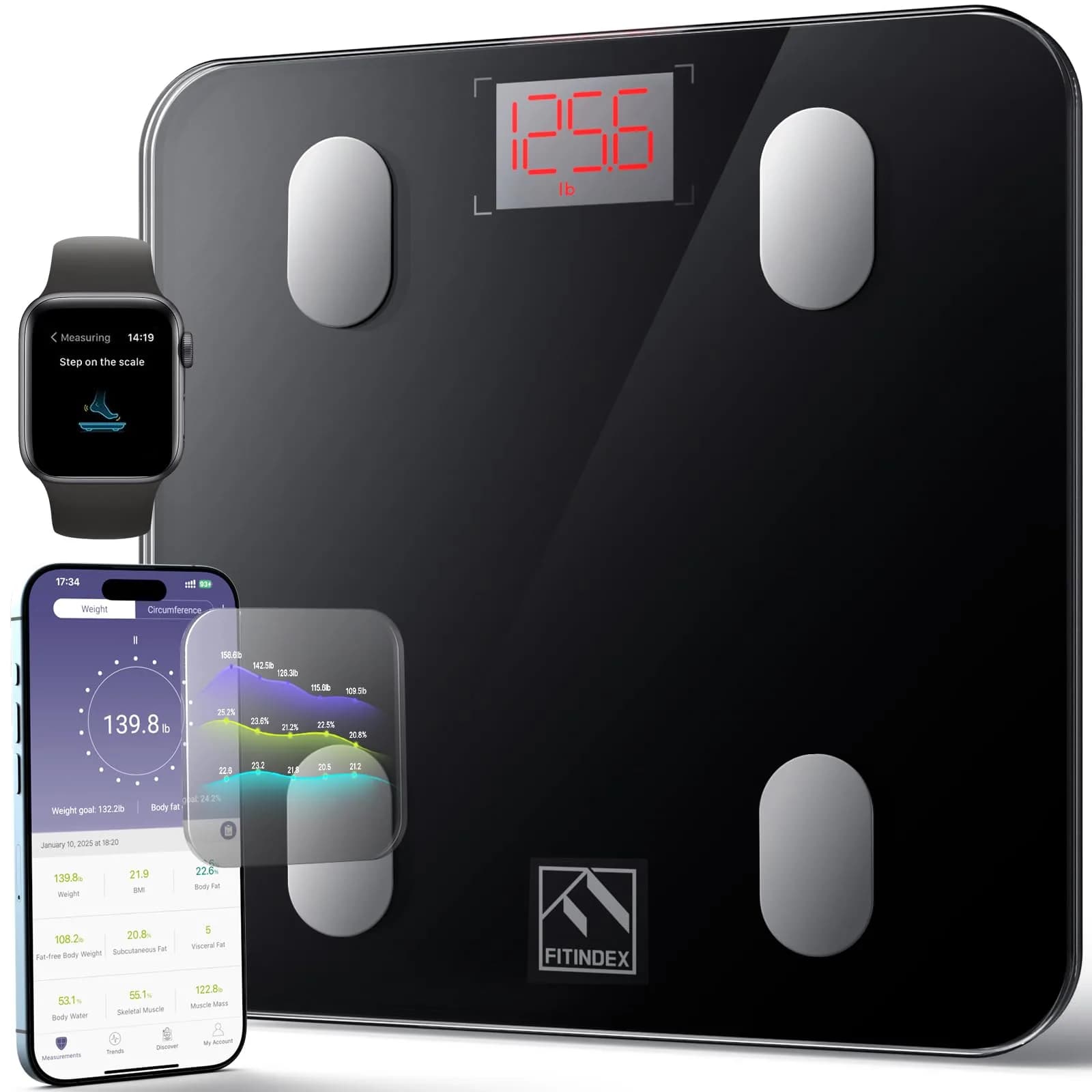 FITINDEX Smart Body Composition Scale 180kg (396lb) | Tracks 13 Metrics via Bluetooth — Black Bluetooth Scale / 10.2 inches