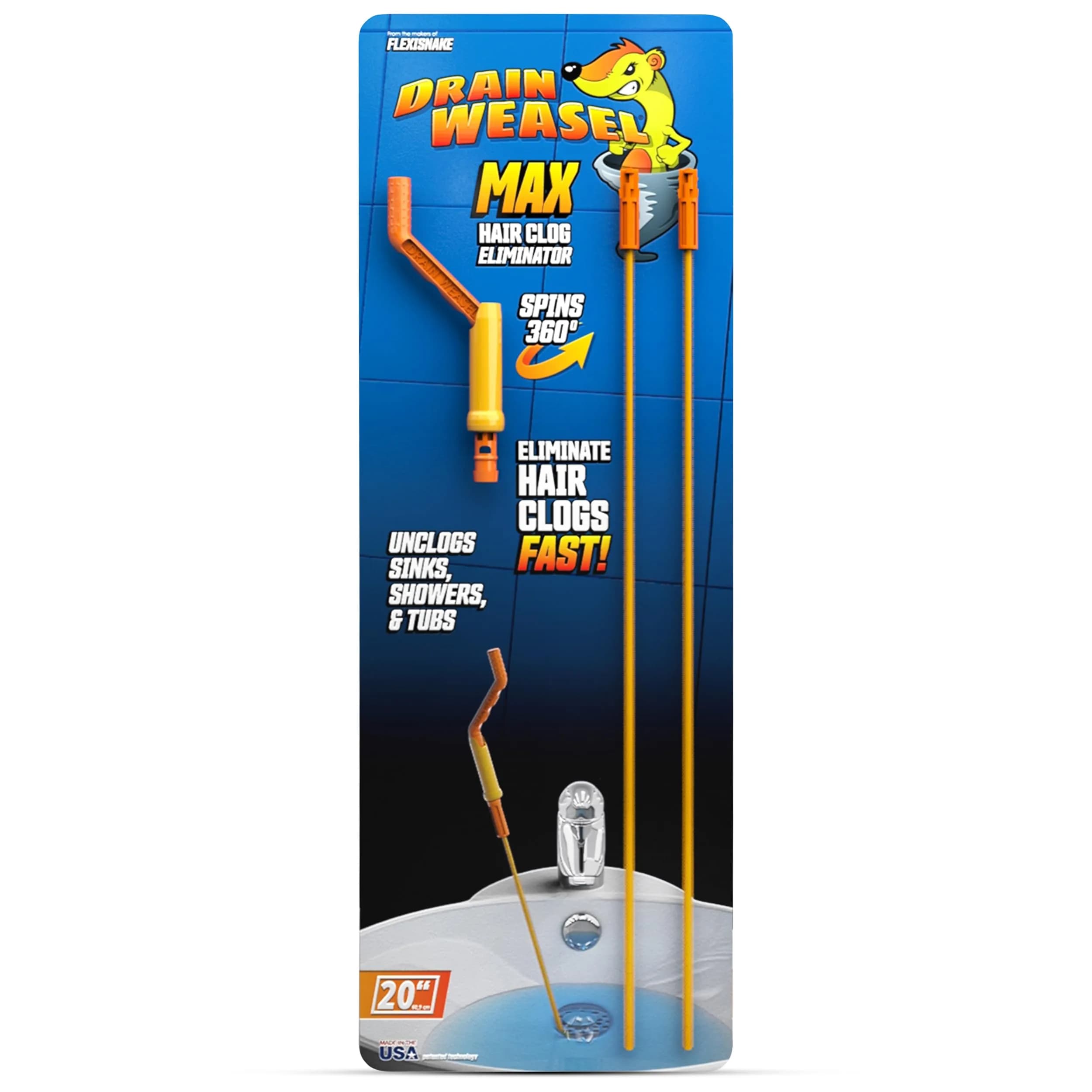 FlexiSnake Drain Weasel Max Sink Snake Hair Clog Remover Tool, 2 Wands | 20" Ultra-Thin Pipe Cleaner with Micro-Hooks