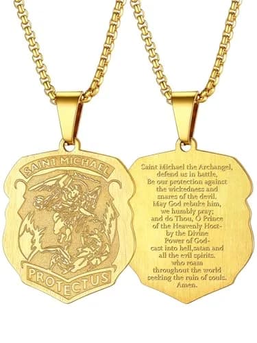 FaithHeart St Michael Archangel Pendant Necklace for Men, 50cm (20+2 inch) Gold Stainless Steel thumbnail 1