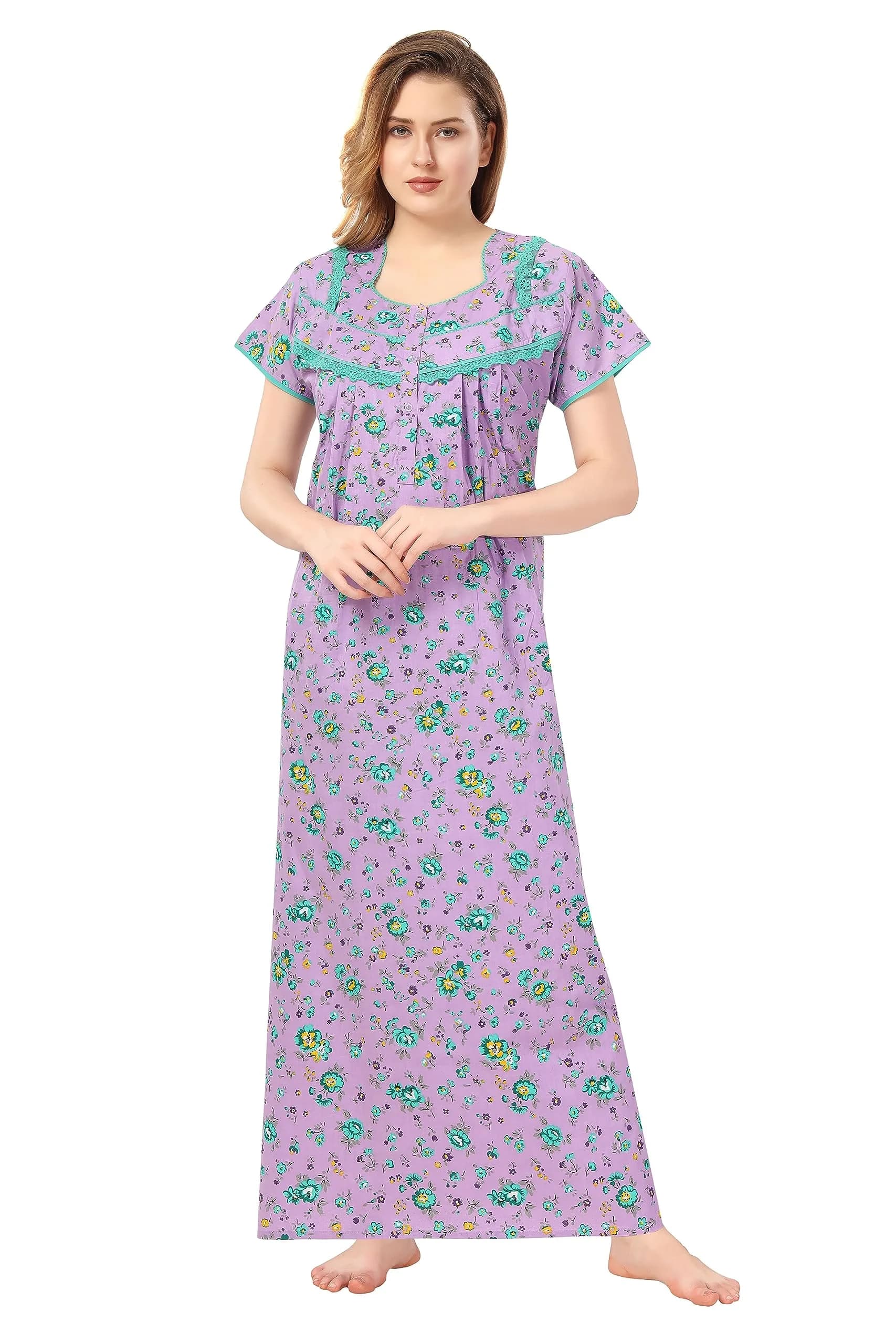 Soulemo Women's Cotton Floral Maxi Nightgown Purple L (Bust 44) | Soft Fabric for Sleep & Relaxation - main product image