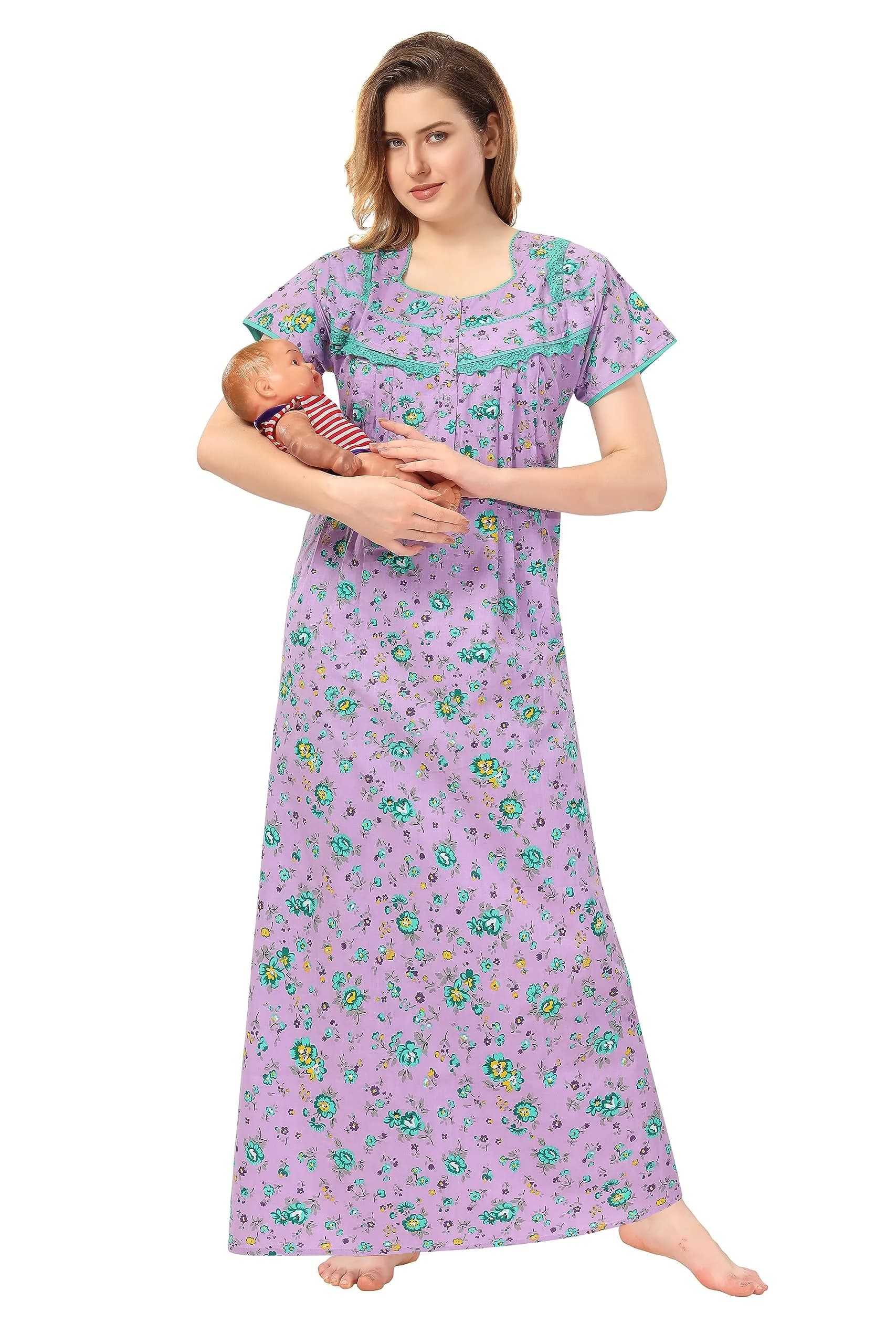 Soulemo Women's Cotton Paisley Maxi Nighty Purple M | Full Length 54 Inches - view 6