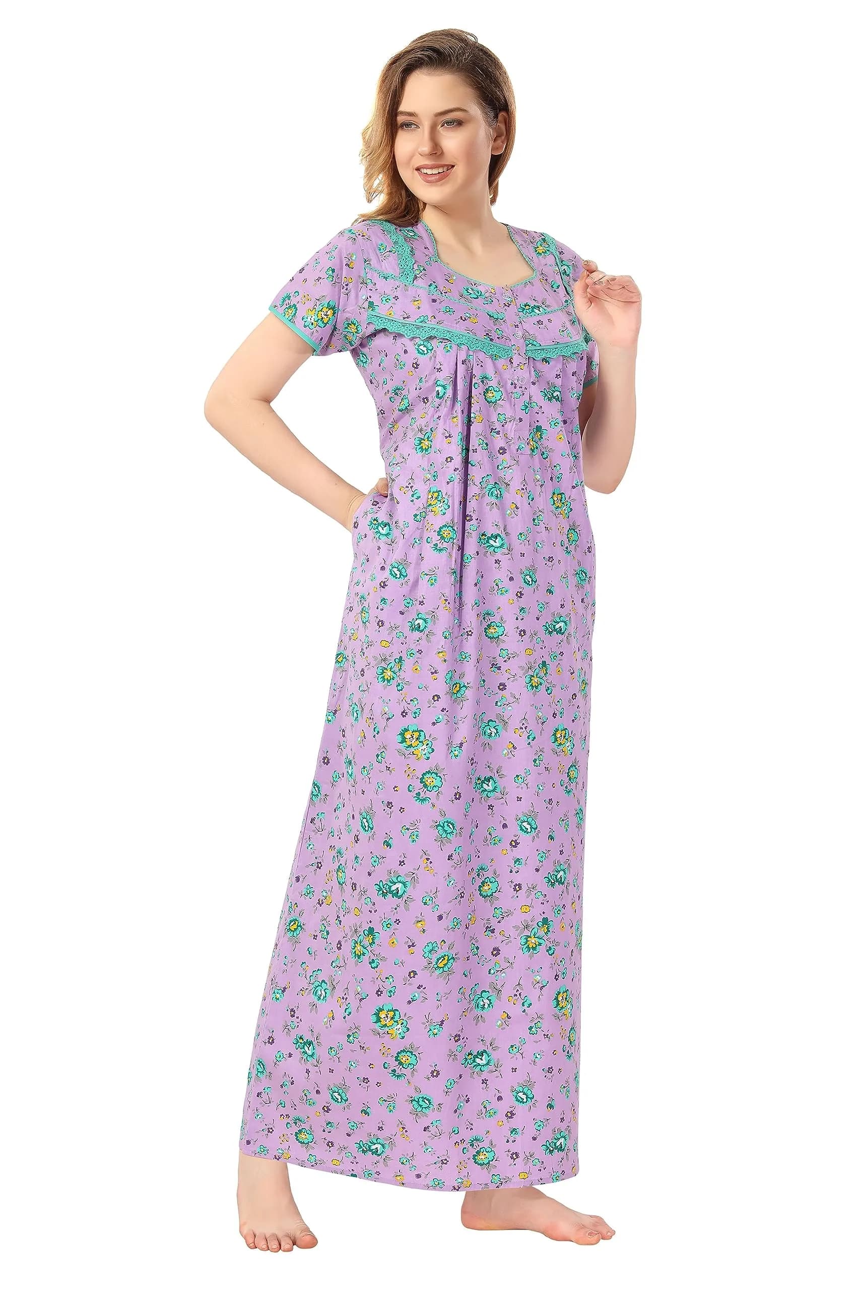 Soulemo Women's Cotton Paisley Maxi Nighty Purple M | Full Length 54 Inches - view 4