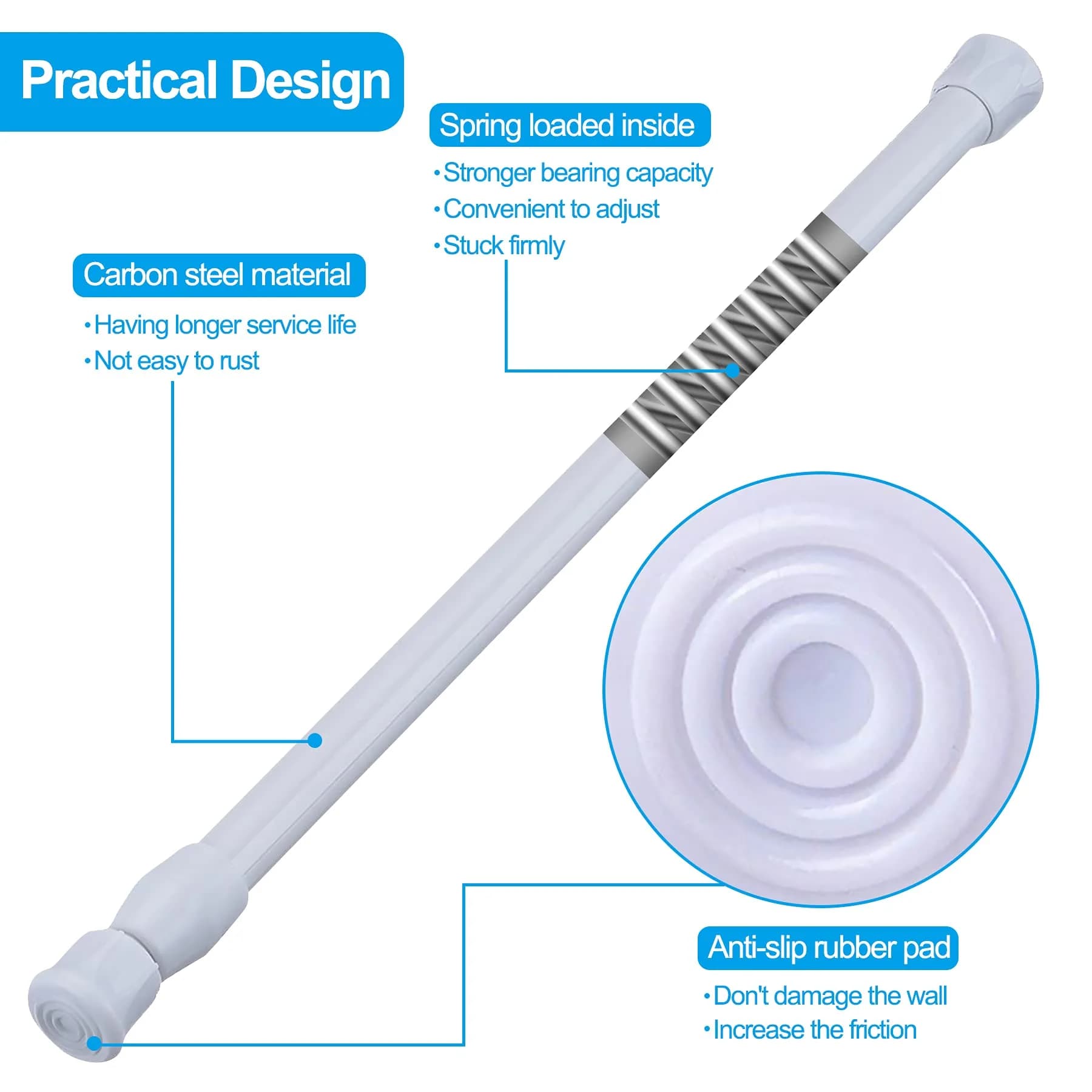 SIQUK 6 Pack Adjustable Spring Tension Rods 40-71 cm (15.7-28 Inches) | White, Stainless Steel, No-Drill Installation - view 2