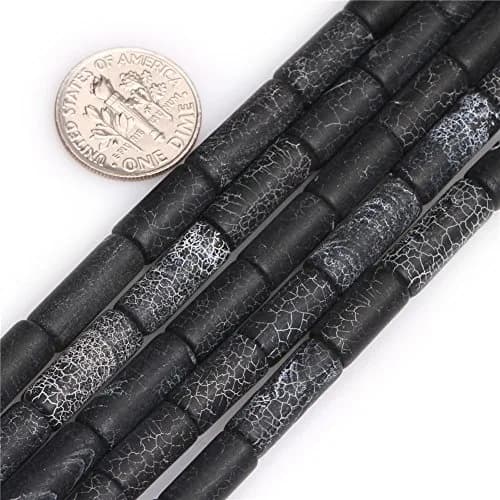 Joe Foreman Black Agate Beads for Jewelry Making 6x16mm | Natural Gemstone, Frosted Tube, 15" thumbnail 1