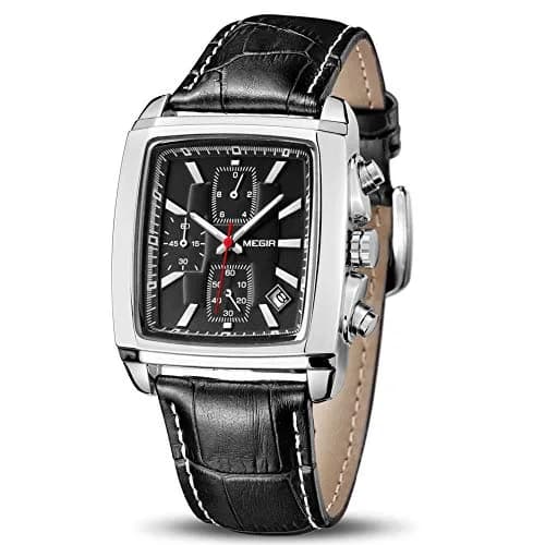 MEGIR Men's Business Analogue Chronograph 38mm | Luminous Rectangle Quartz Watch with Black Leather Strap thumbnail 1
