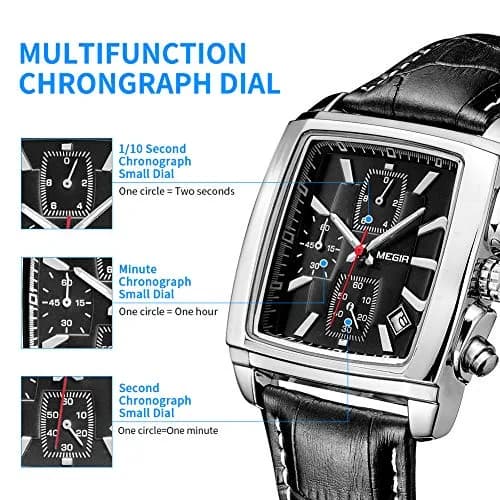 MEGIR Men's Business Analogue Chronograph 38mm | Luminous Rectangle Quartz Watch with Black Leather Strap thumbnail 4