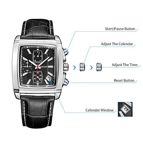 MEGIR Men's Business Analogue Chronograph 38mm | Luminous Rectangle Quartz Watch with Black Leather Strap thumbnail 5