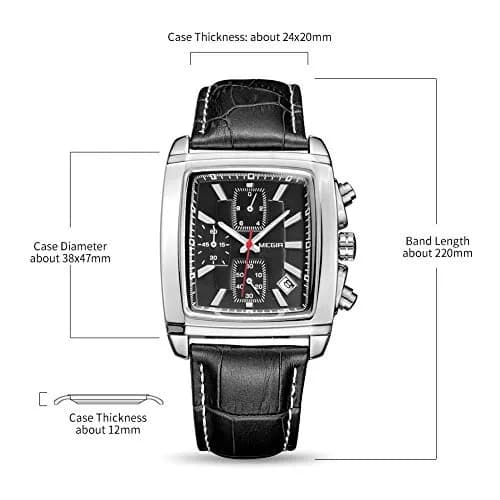 MEGIR Men's Business Analogue Chronograph 38mm | Luminous Rectangle Quartz Watch with Black Leather Strap thumbnail 6