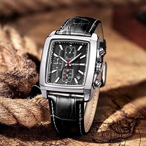MEGIR Men's Business Analogue Chronograph 38mm | Luminous Rectangle Quartz Watch with Black Leather Strap thumbnail 7