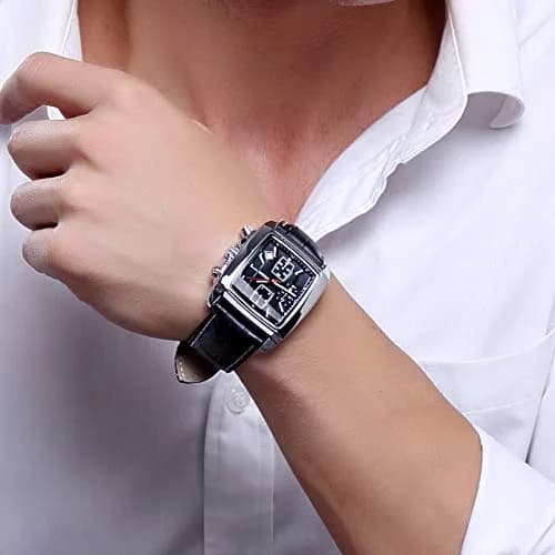 MEGIR Men's Business Analogue Chronograph 38mm | Luminous Rectangle Quartz Watch with Black Leather Strap thumbnail 2