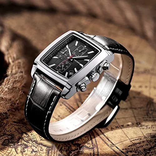 MEGIR Men's Business Analogue Chronograph 38mm | Luminous Rectangle Quartz Watch with Black Leather Strap thumbnail 3