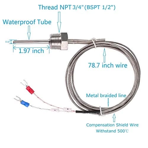 Jaybva K Type Thermocouple Sensor Probe 0-500℃ (50mm Length, 2m Shielded Wire) | Waterproof Industrial Temperature Measurement thumbnail 3