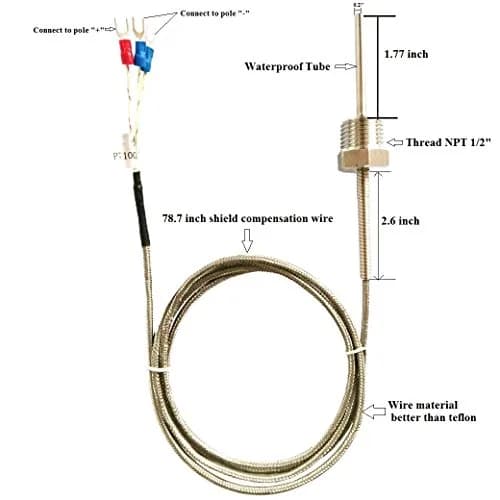 Jaybva Waterproof RTD PT100 Temperature Sensor Probe -50~500℃ | 3-Wire Stainless Steel NPT1/2" Pipe Thread with 2m Shielded Wire thumbnail 5