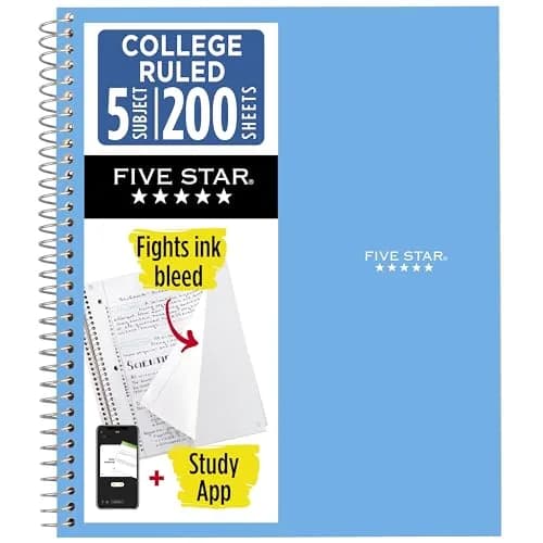 Five Star Spiral Notebook 5 Subject 200 Sheets 8.5" x 11" | College Ruled Paper with Study App & Water-Resistant Cover thumbnail 1