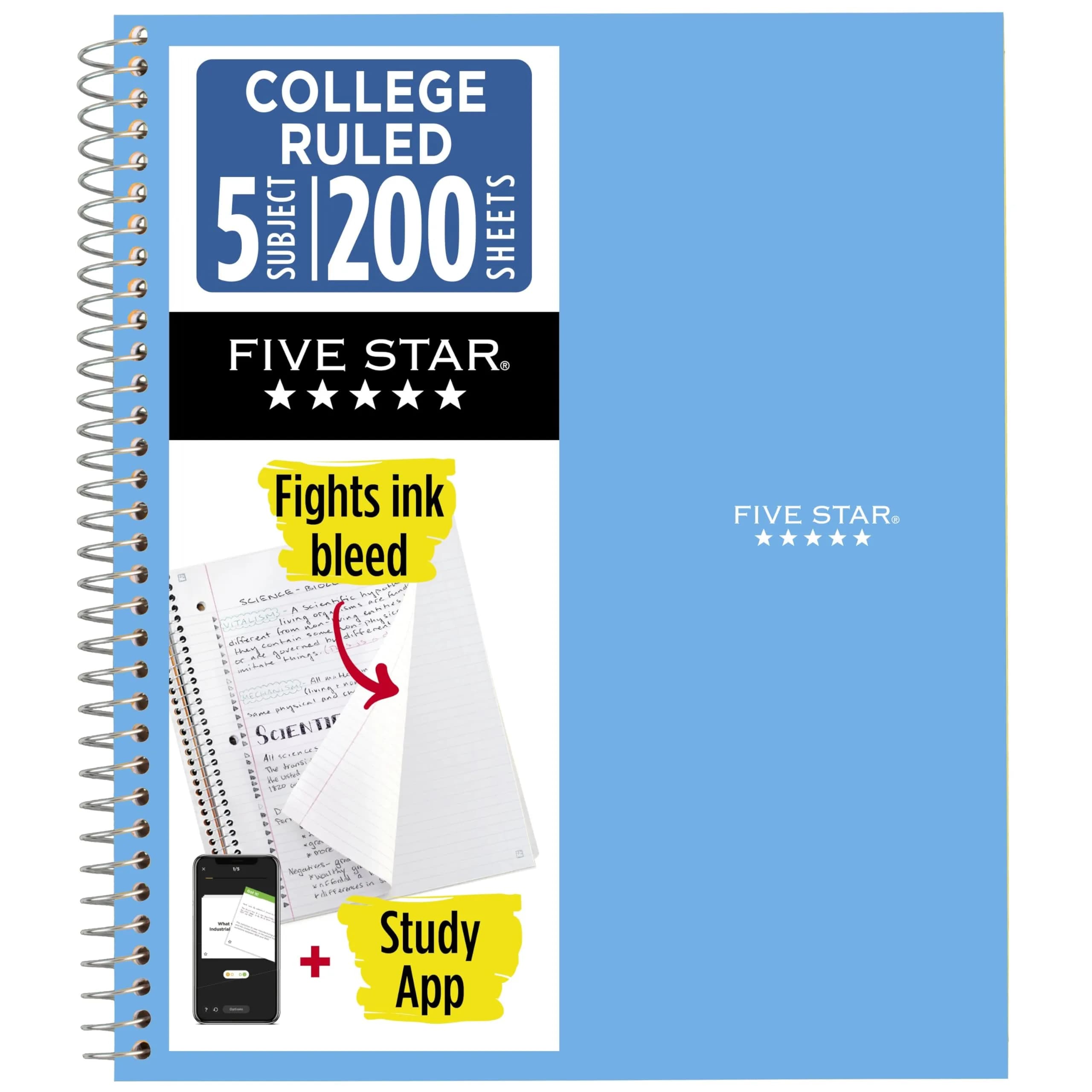 Five Star Spiral Notebook 5 Subject 200 Sheets 8.5" x 11" | College Ruled Paper with Study App & Water-Resistant Cover - main product image