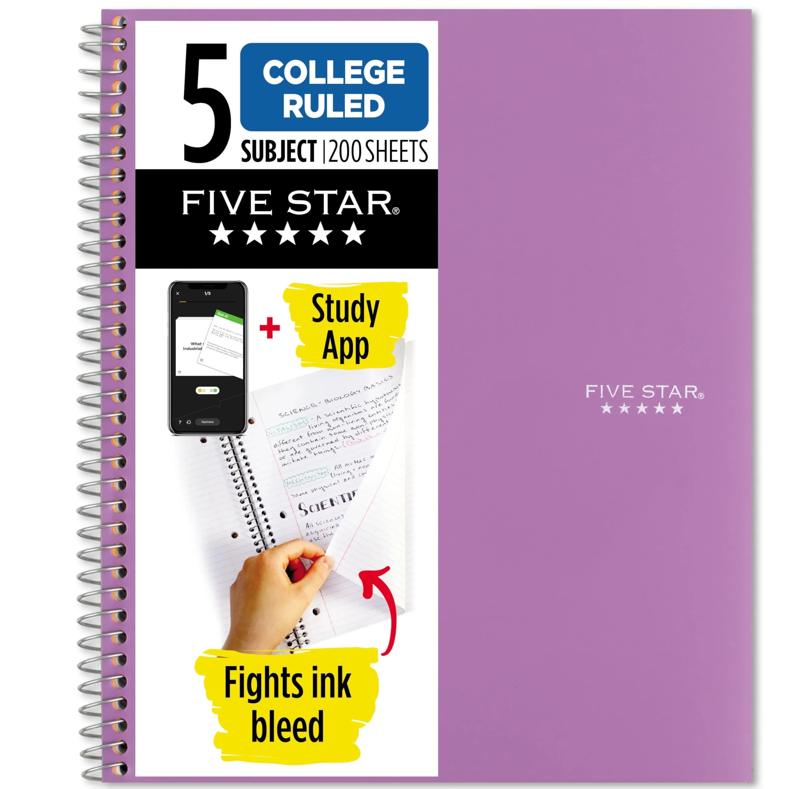 Five Star Spiral Notebook 5 Subject 200 Sheets College Ruled | Water-Resistant Cover, Amethyst Purple - main product image