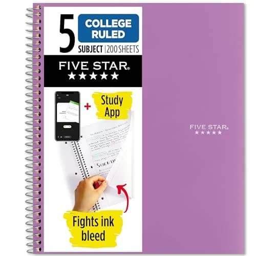 Five Star Spiral Notebook 5 Subject 200 Sheets College Ruled | Water-Resistant Cover, Amethyst Purple thumbnail 1