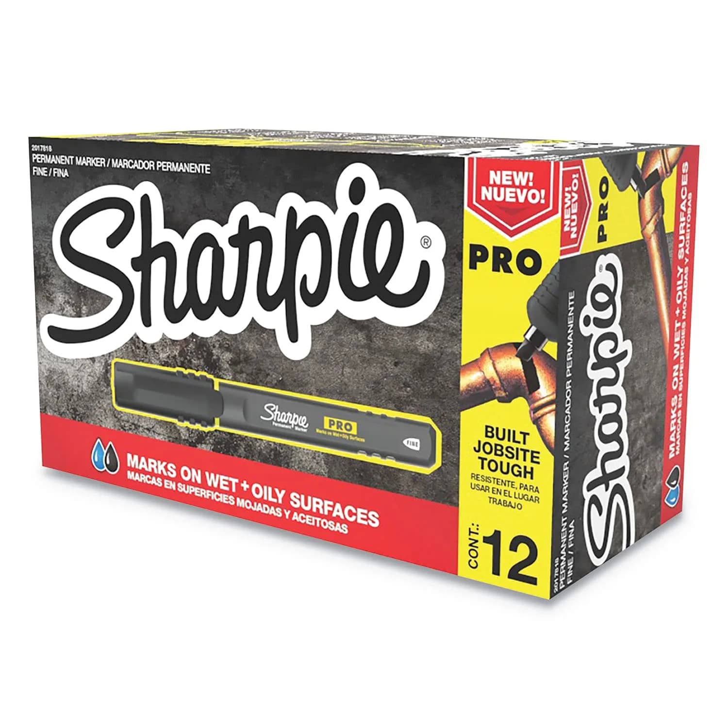 Sharpie Pro Permanent Markers, Anti-Roll Barrel, Fine Tip, Black, 12 Count | Marks on Wet & Oily Surfaces
