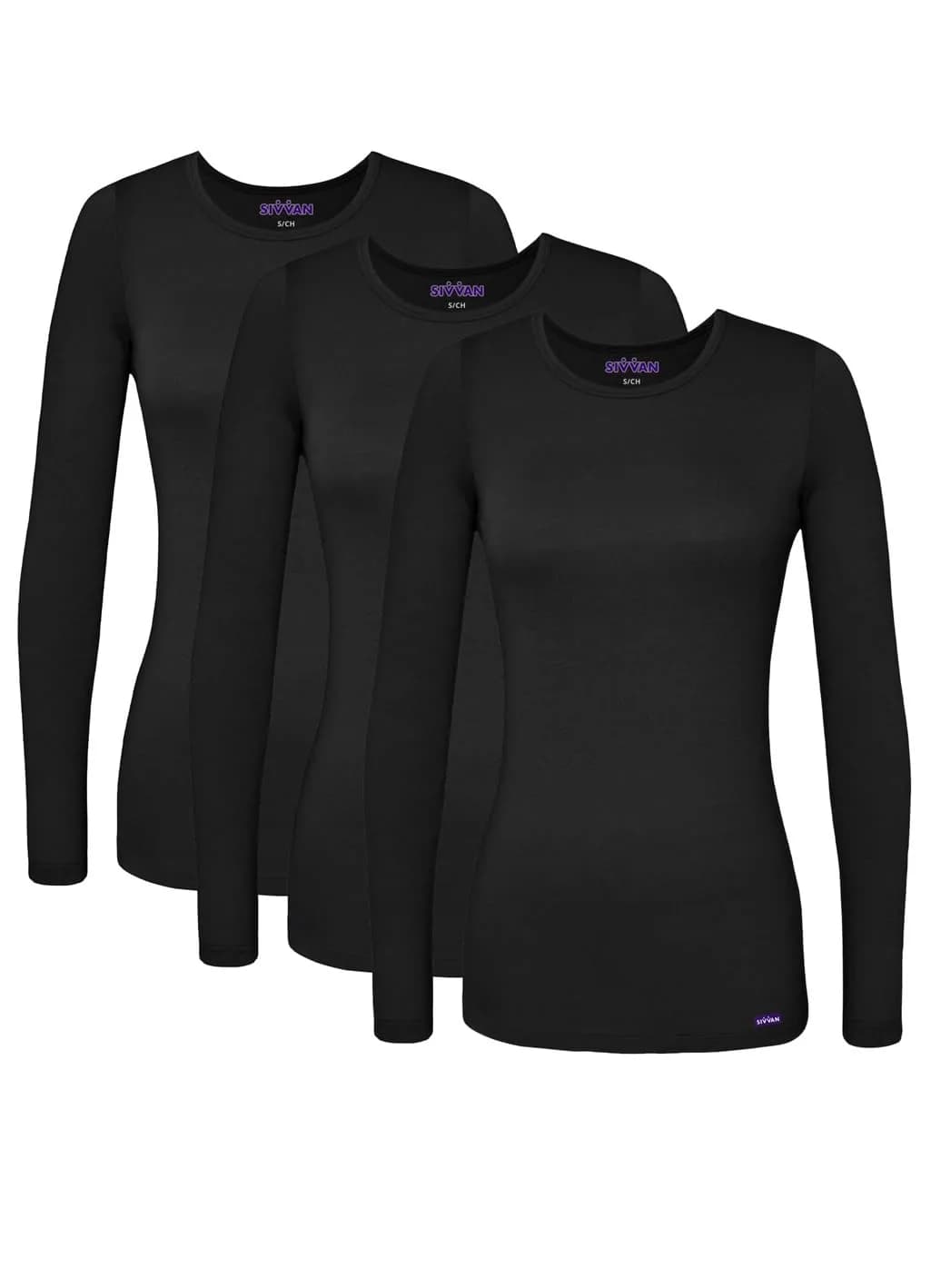 Sivvan Scrubs for Women - Long Sleeve Comfort Underscrub Tee 3-Pack - Marl Gray - XL | Classic Fit, Tagless Crew Neck — Black / Medium