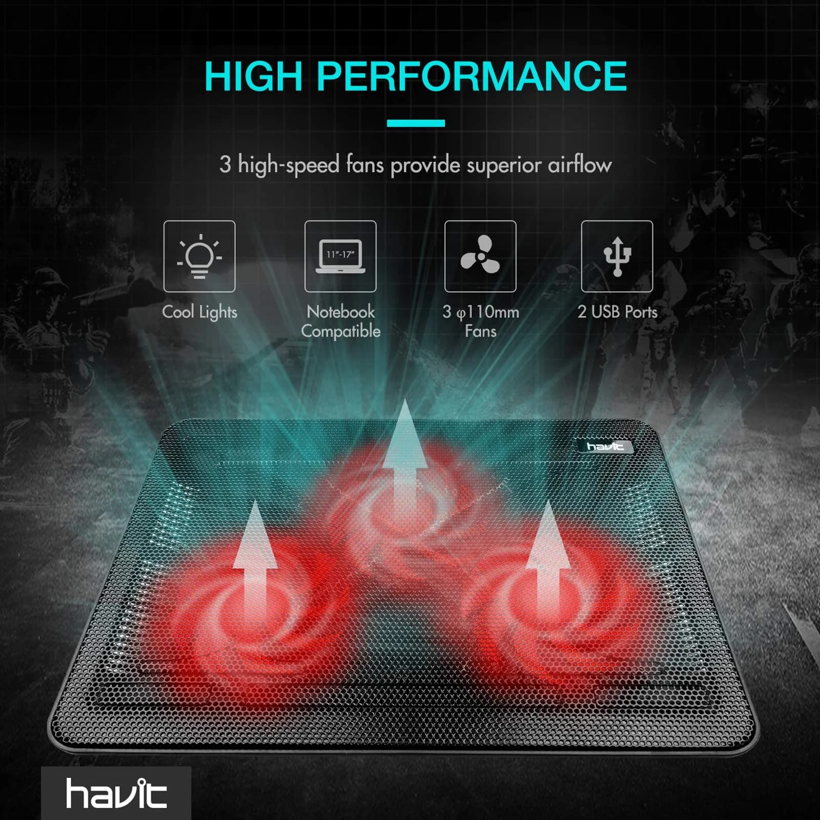 havit HV-F2056 Laptop Cooling Pad for 15.6-17 Inch Laptops, Black | 3 Quiet USB-Powered Fans, Ergonomic Stand - view 7
