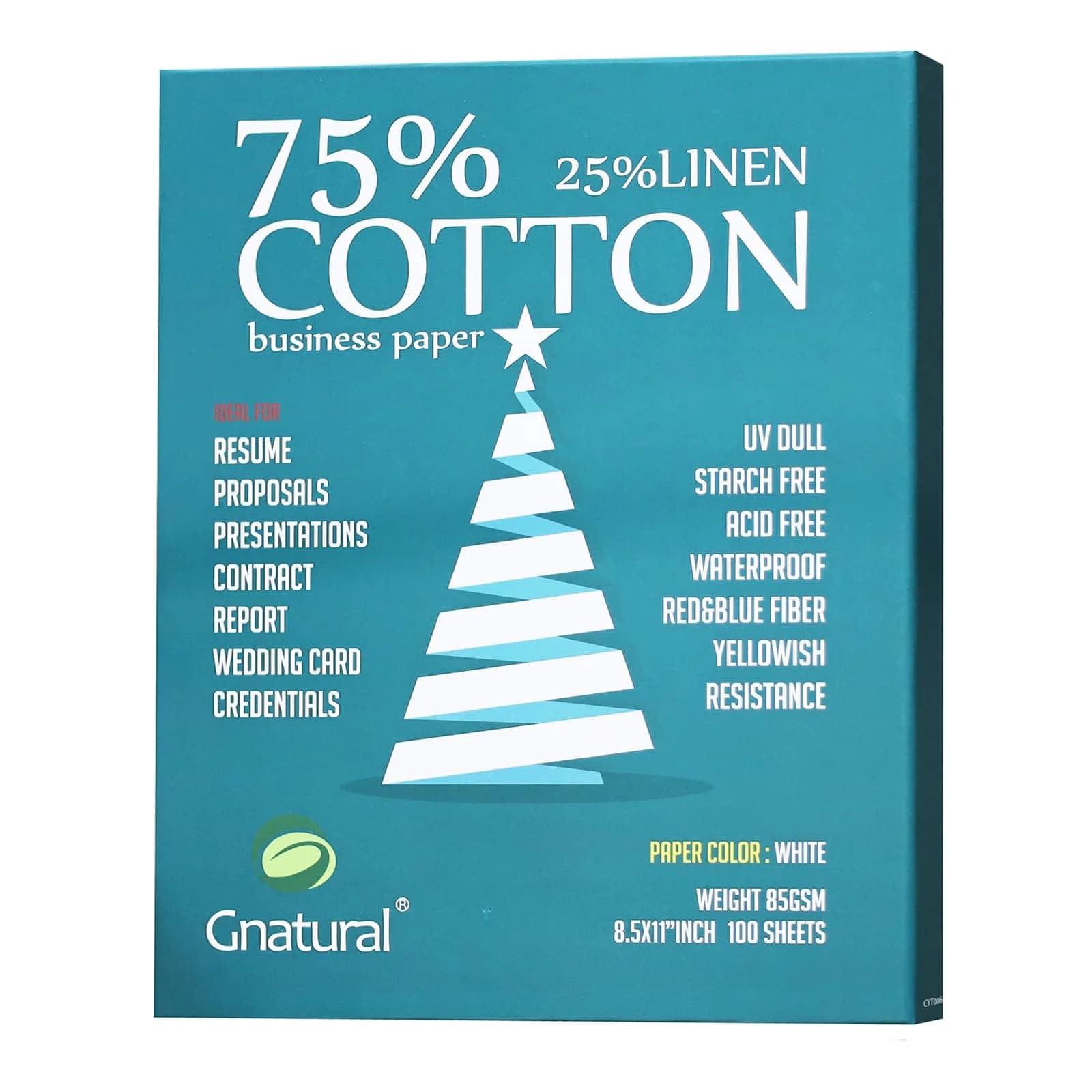 Gnatural 75% Cotton 25% Linen Paper 85gsm 21.6 x 27.9 cm (8.5"x11") White 100 Sheets | Fade-Resistant Resume Paper