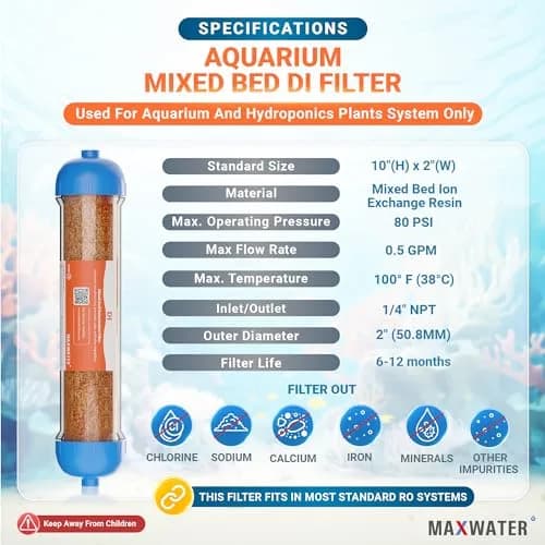 Max Water Mixed Bed Ion Exchange RODI Aquarium Filter Resin Replacement Cartridge | Produces 0 ppm TDS (70-120c) thumbnail 3