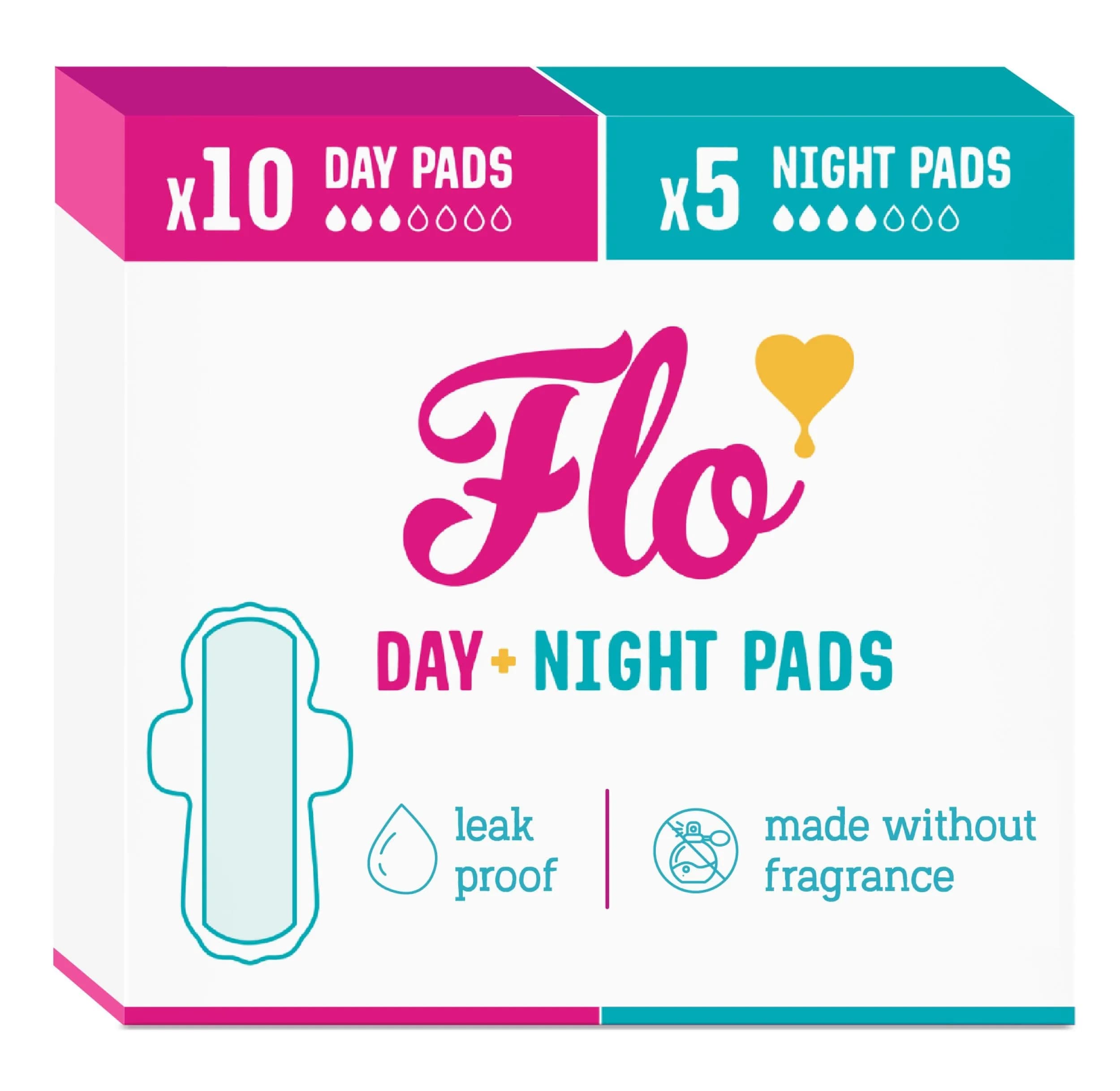 FLO Organic Bamboo Day + Night Menstrual Pads (15 Count) | Plant-Based, Ultra-Thin, Hypoallergenic — Pad