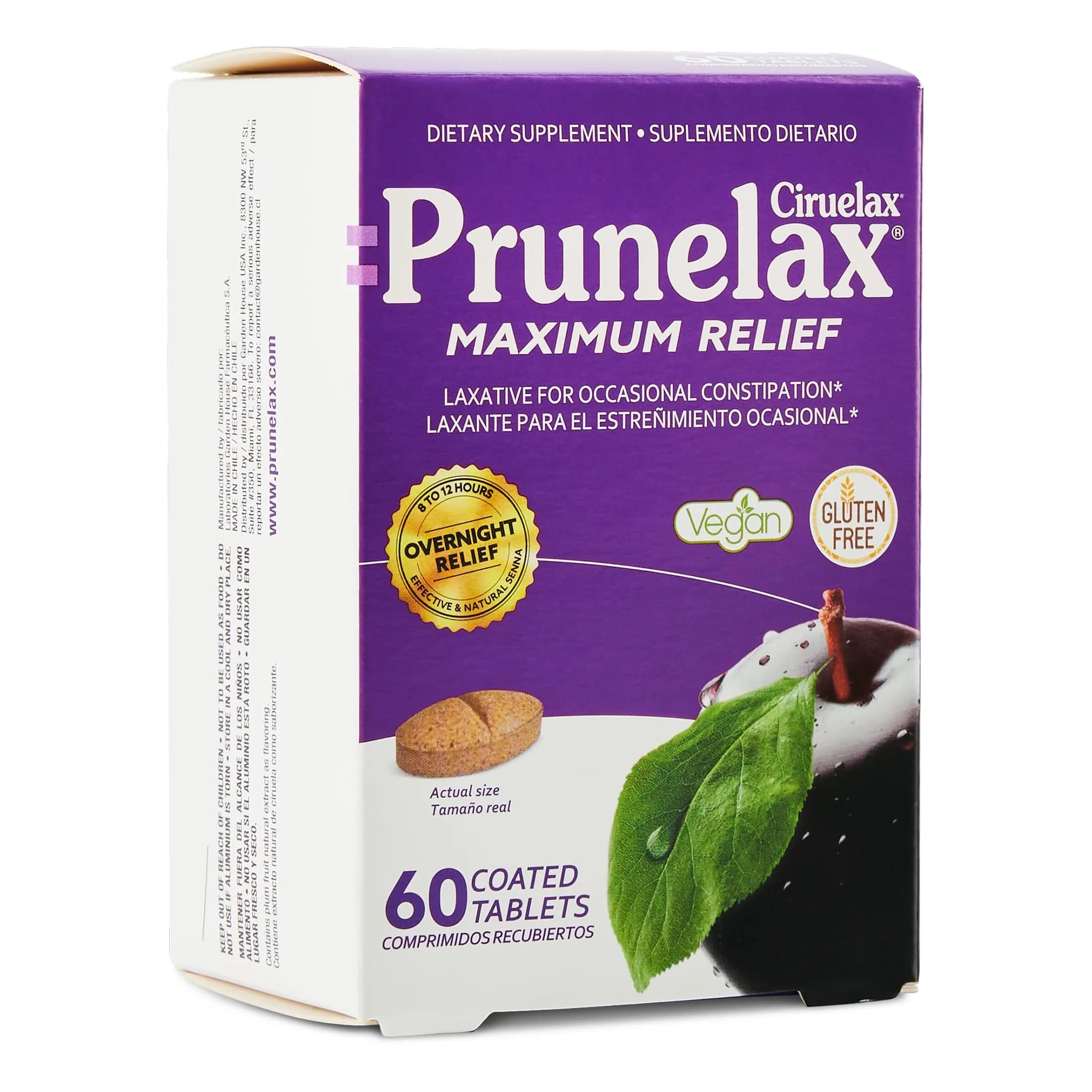Prunelax Ciruelax Maximum Relief Laxative Tablets with Natural Senna for Occasional Constipation, Senna Extract, Vegan & Gluten-Free, Gentle Overnight Relief - 60ct | Natural Senna Relief — Purple
