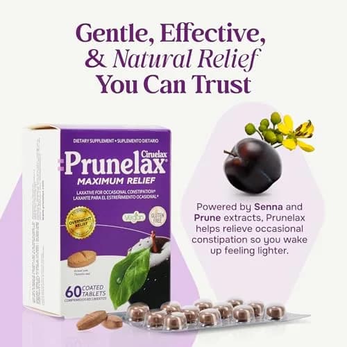 Prunelax Ciruelax Maximum Relief Laxative Tablets with Natural Senna for Occasional Constipation, Senna Extract, Vegan & Gluten-Free, Gentle Overnight Relief - 60ct | Natural Senna Relief thumbnail 2