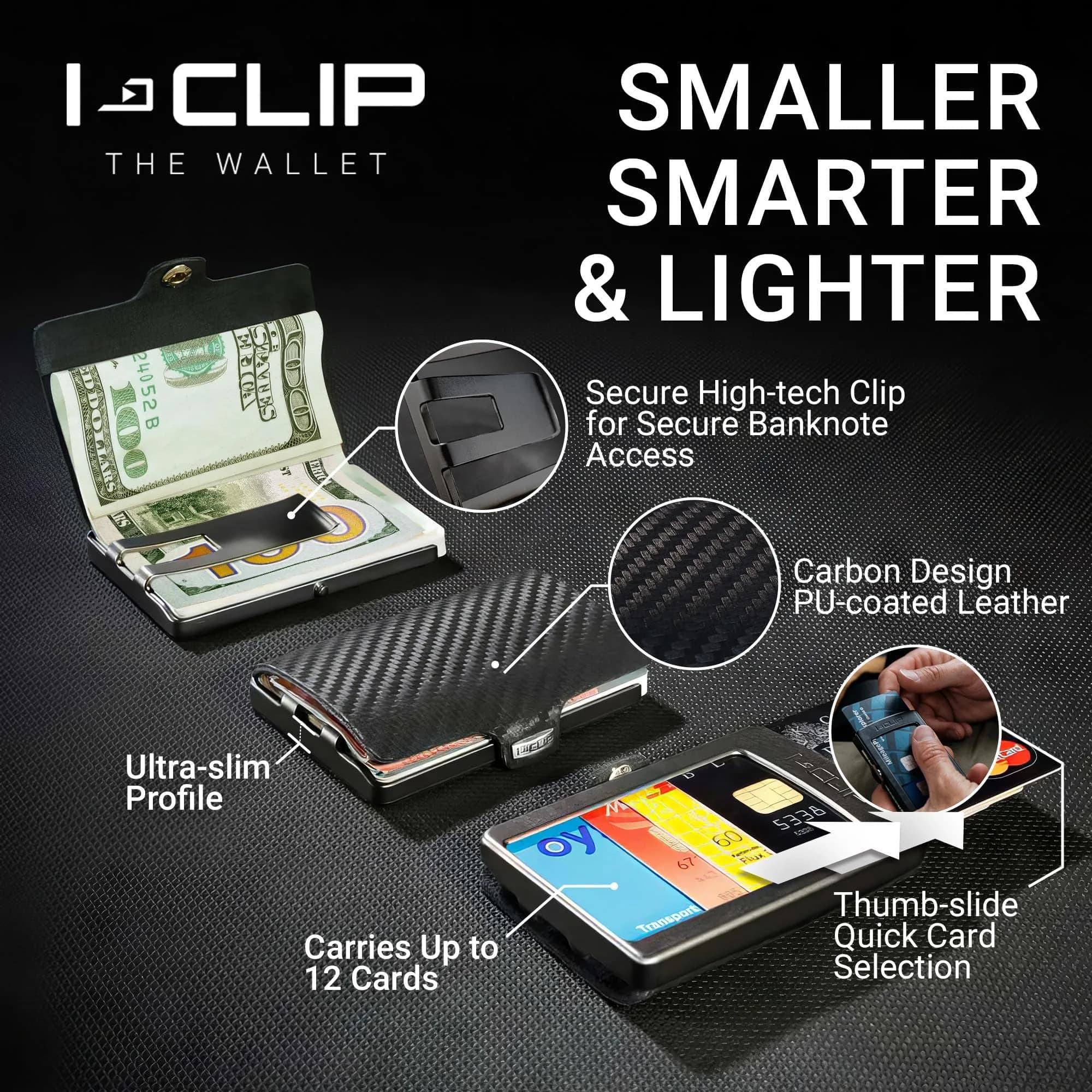 I-CLIP Premium Leather Wallet for Men, Gunmetal Black Carbon, 12 Cards | German-Engineered Slim Minimalist Design - view 3