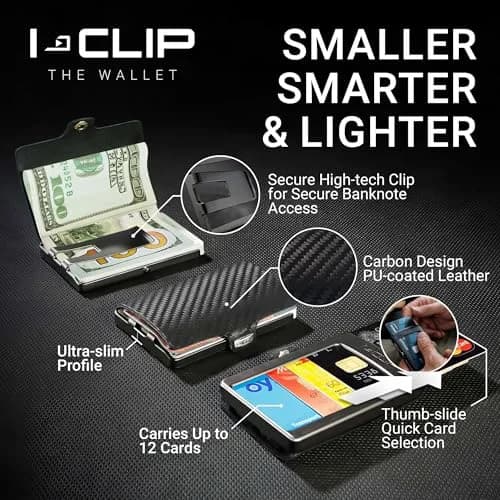 I-CLIP Premium Leather Wallet for Men, Gunmetal Black Carbon, 12 Cards | German-Engineered Slim Minimalist Design thumbnail 3