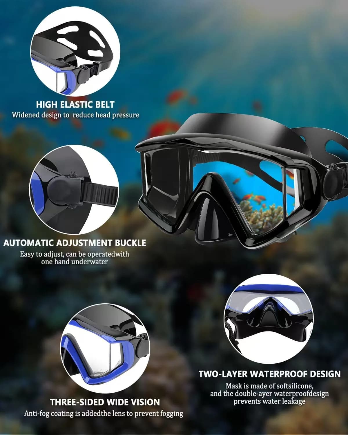 AQUA A DIVE SPORTS Adult Snorkel Mask with Anti-Fog Lenses | 180° Field of View - view 3