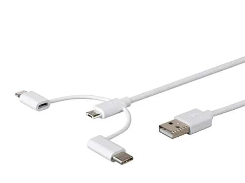 Monoprice 3-in-1 Multiport USB to Micro USB + USB-C + Lightning Charging Cable - 3 Feet, White thumbnail 1