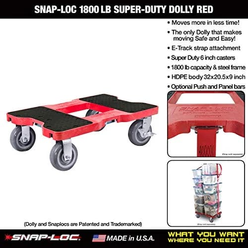 Snap-Loc Super-Duty Dolly 1800 lb Capacity Heavy Duty Material Handling Equipment with Built-in E-Track, 6 in Polyurethane Swivel Casters, Made in USA, Red thumbnail 2