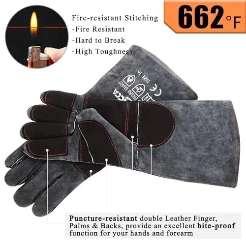 RAPICCA Animal Handling Gloves, Bite Proof Double Leather, 16 in (40.6 cm) Grey-Black | Professional Protection for Vets & Handlers thumbnail 5