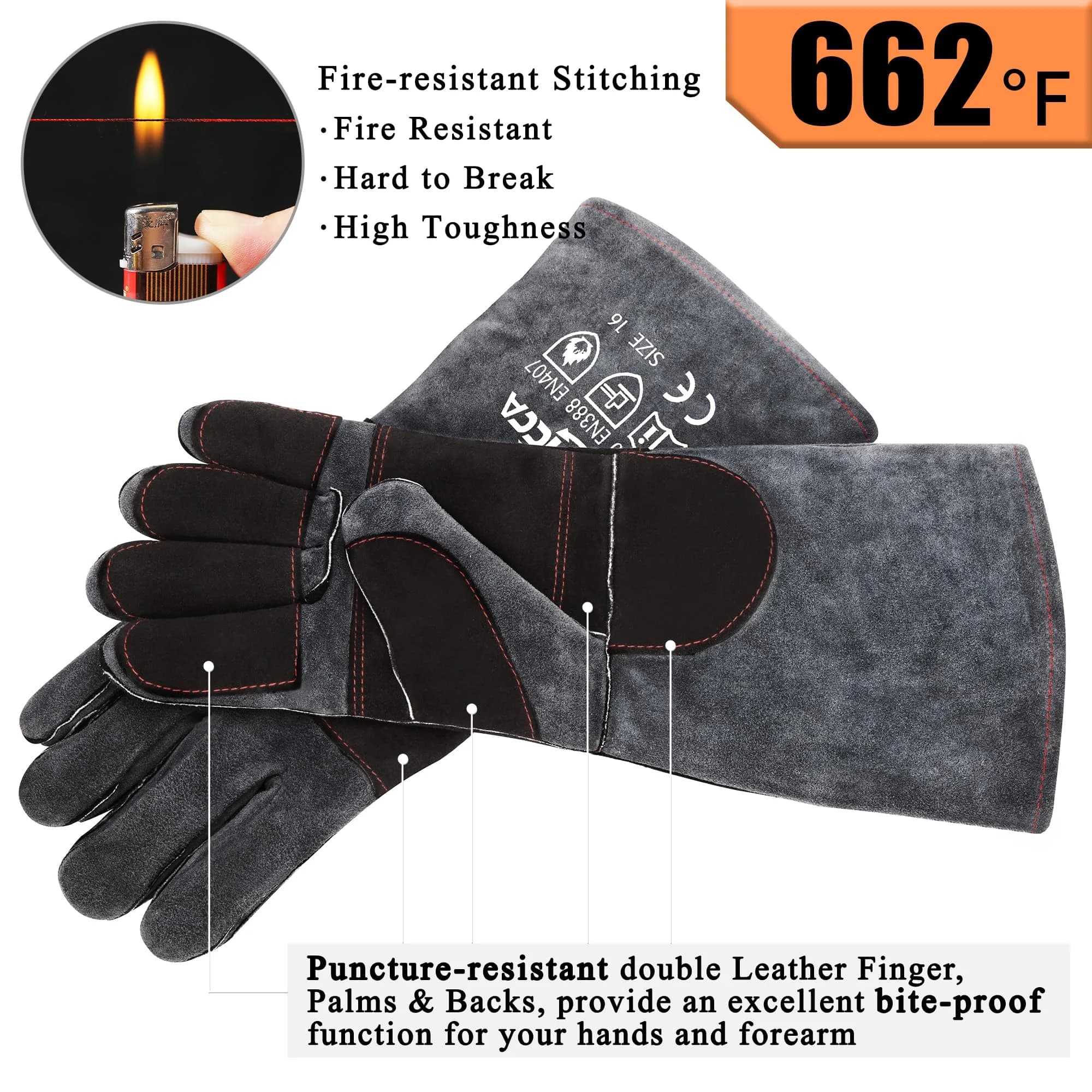 RAPICCA Animal Handling Gloves, Bite Proof Double Leather, 16 in (40.6 cm) Grey-Black | Professional Protection for Vets & Handlers - view 5