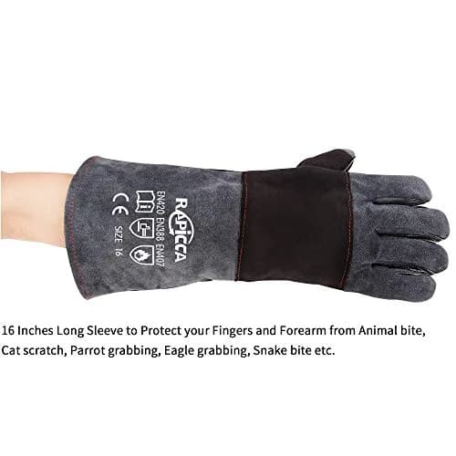 RAPICCA Animal Handling Gloves, Bite Proof Double Leather, 16 in (40.6 cm) Grey-Black | Professional Protection for Vets & Handlers thumbnail 7