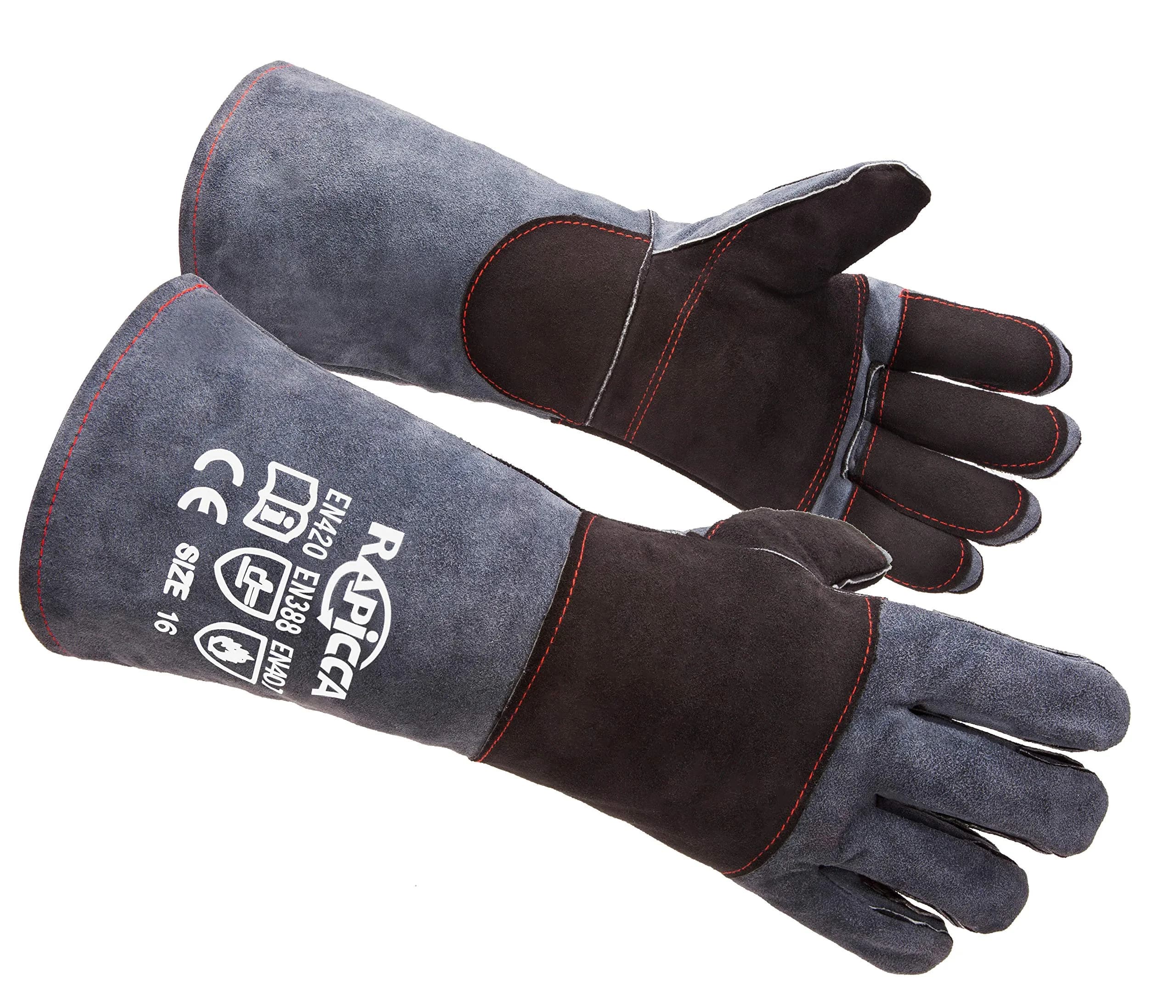 RAPICCA Animal Handling Gloves, Bite Proof Double Leather, 16 in (40.6 cm) Grey-Black | Professional Protection for Vets & Handlers - main product image