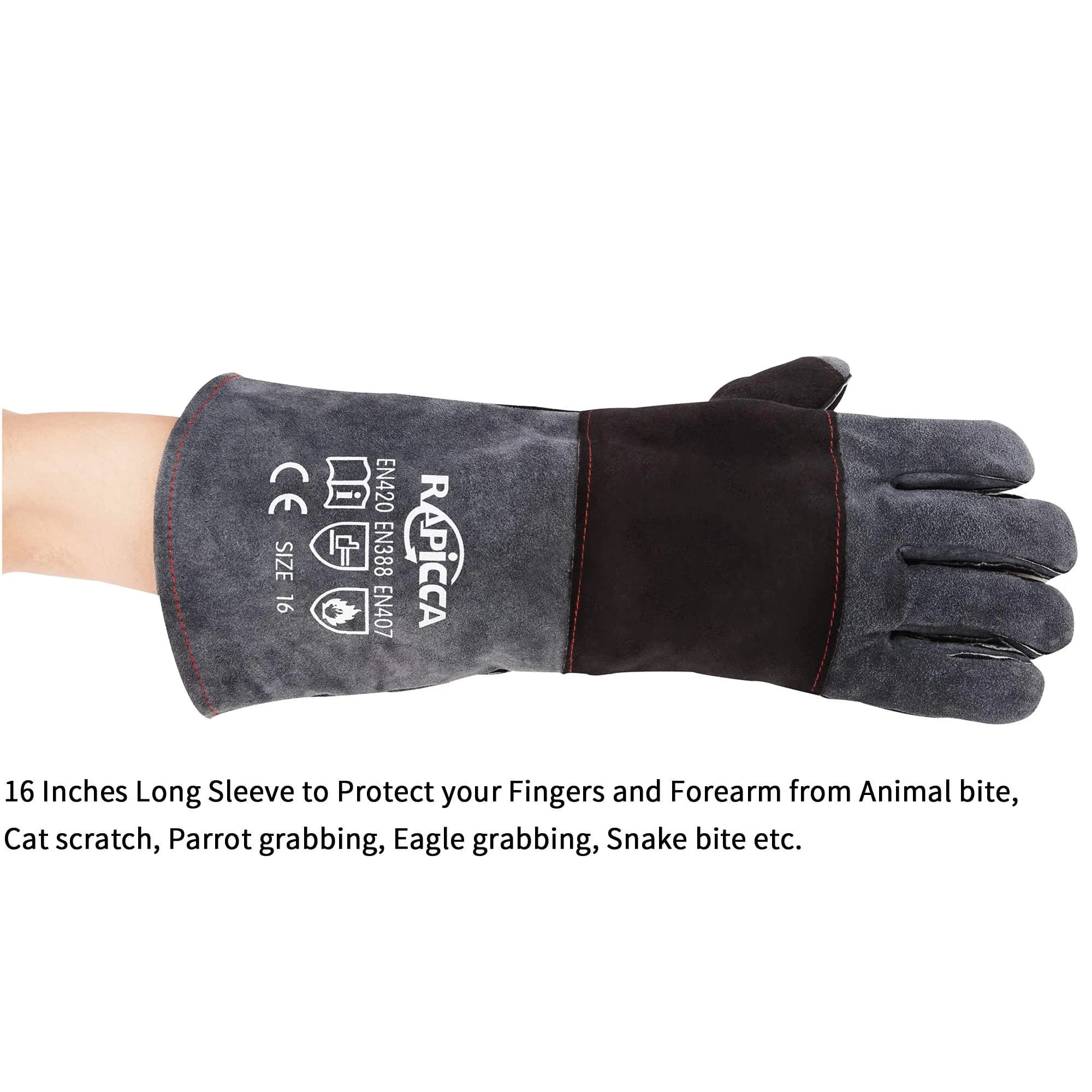 RAPICCA Animal Handling Gloves, Bite Proof Double Leather, 16 in (40.6 cm) Grey-Black | Professional Protection for Vets & Handlers - view 7