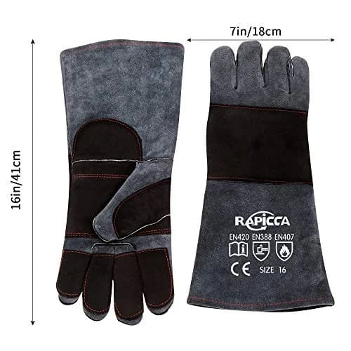 RAPICCA Animal Handling Gloves, Bite Proof Double Leather, 16 in (40.6 cm) Grey-Black | Professional Protection for Vets & Handlers thumbnail 9