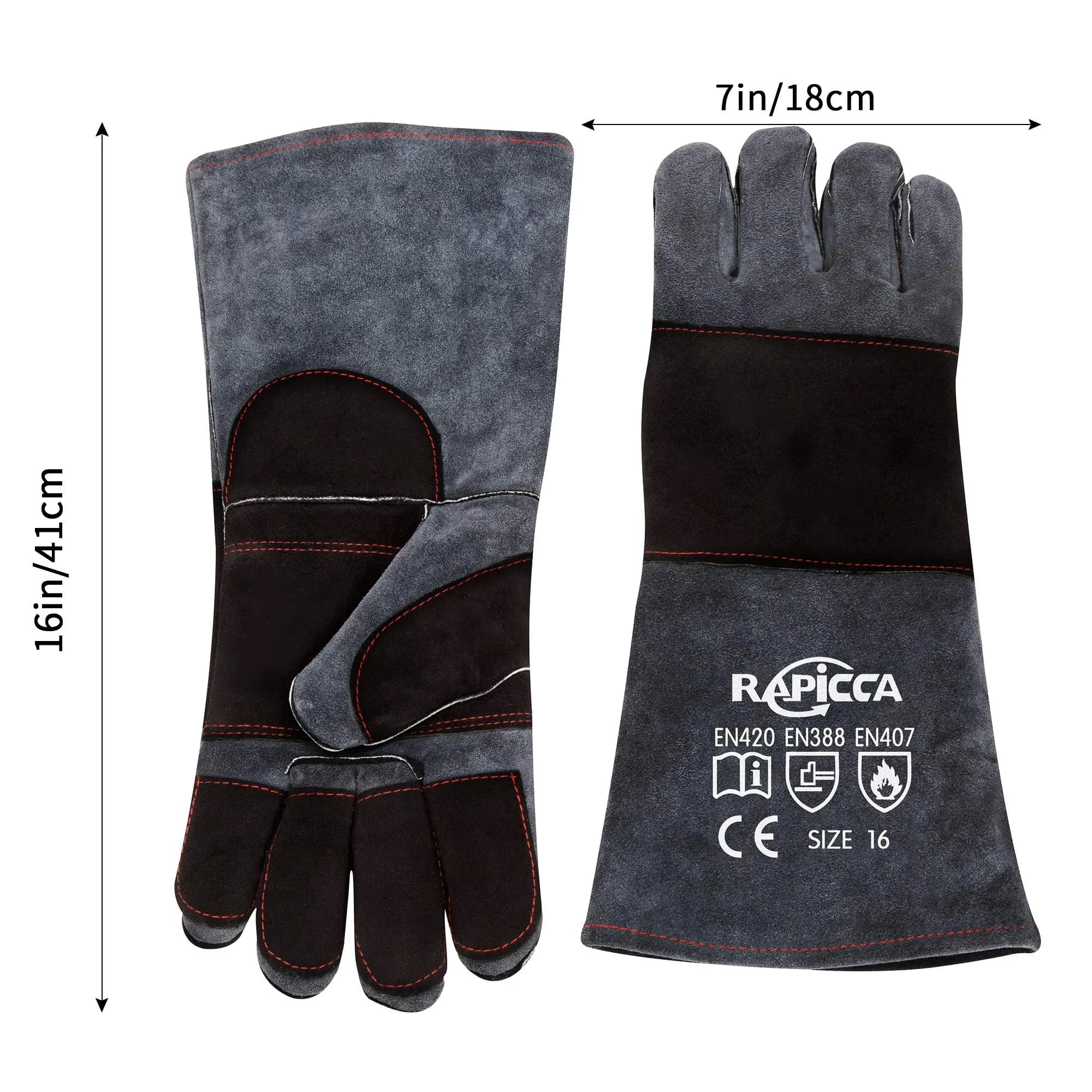 RAPICCA Animal Handling Gloves, Bite Proof Double Leather, 16 in (40.6 cm) Grey-Black | Professional Protection for Vets & Handlers - view 9
