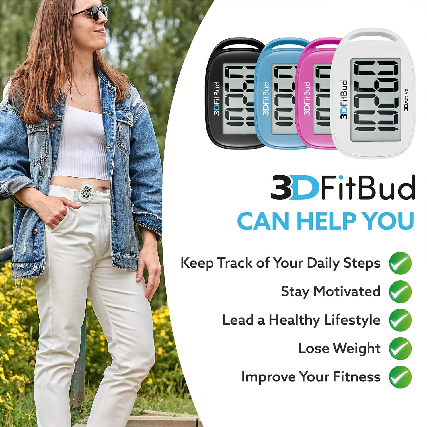 3DActive 3DFitBud Simple Step Counter Pedometer with Clip & Lanyard | Accurate 3D Tri-Axis Sensor - view 4