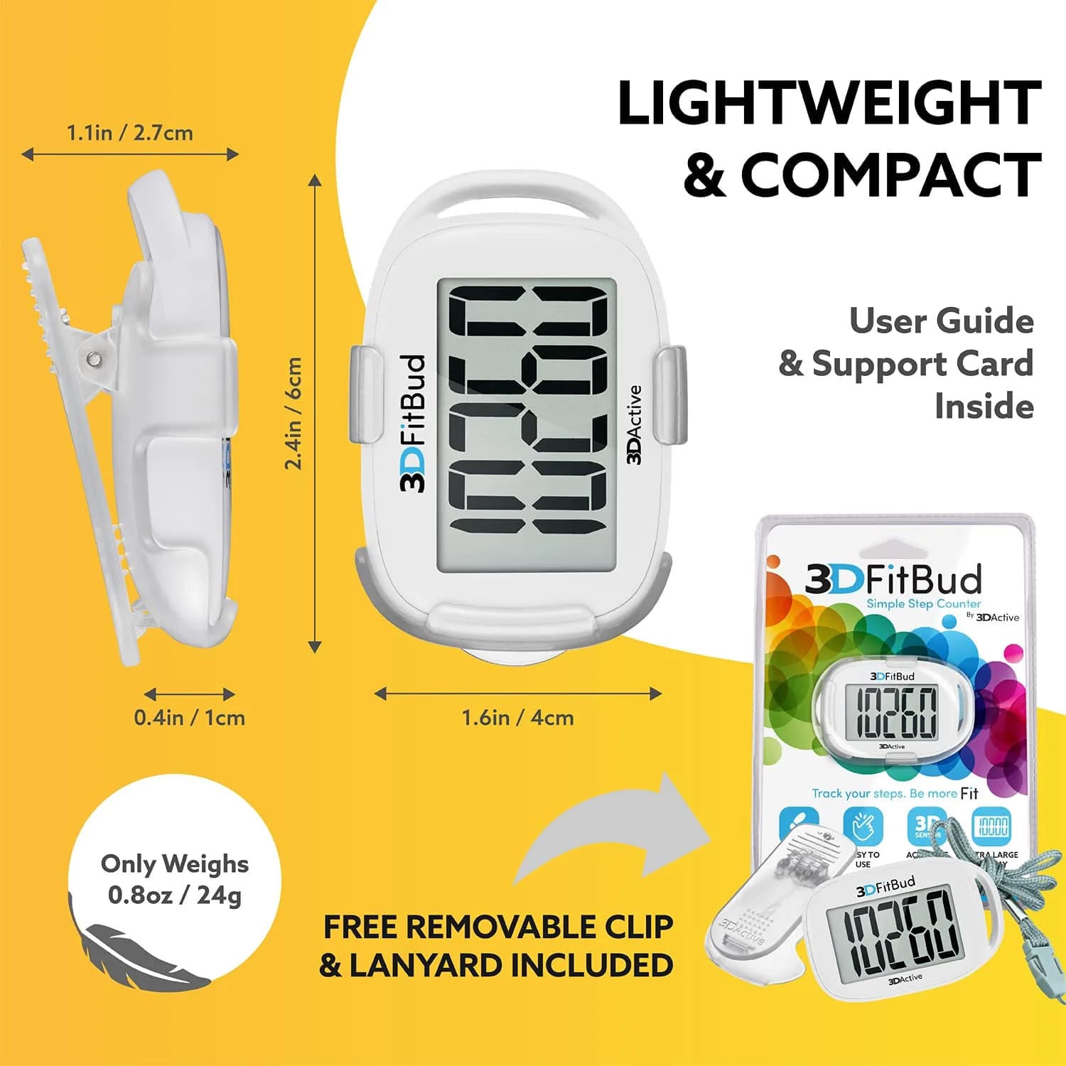 3DActive 3DFitBud Simple Step Counter Pedometer with Clip & Lanyard | Accurate 3D Tri-Axis Sensor - view 6